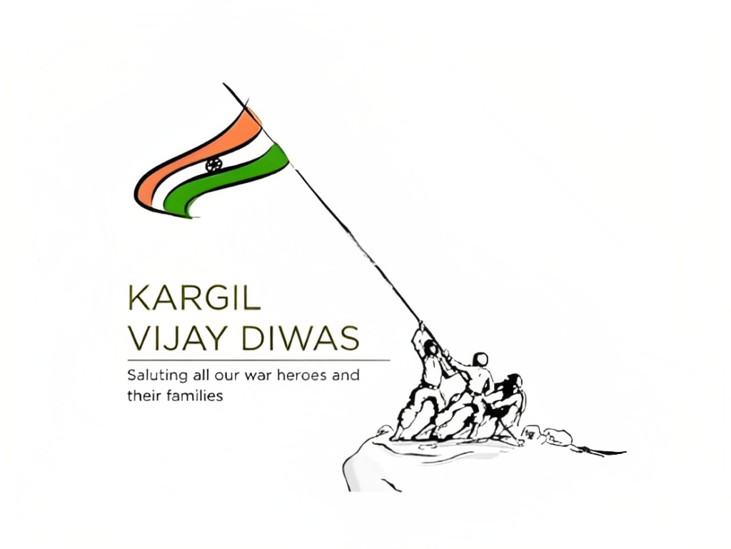 images showing Indian Soldiers Hoisting National Flag written Kargil Vijay Diwas